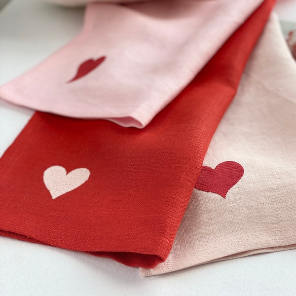 Heart Embroidered Dinner Cloth Napkins, Heart Embroidered Valentine's Day Cloth Napkins, Personalized Dinner Napkins, Linen Dinner Napkins