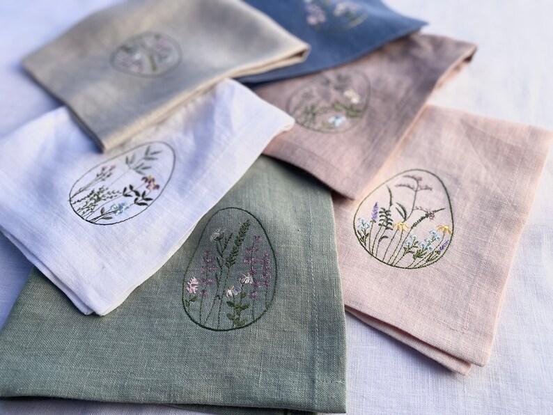 Grey blue linen cloth napkin with Easter motive embroidery, Reusable napkins, Easter minimalist table decors, Embroidered linen napkins set image 3