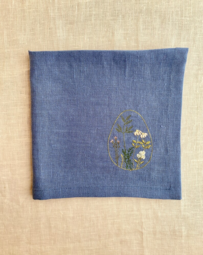 Grey blue linen cloth napkin with Easter motive embroidery, Reusable napkins, Easter minimalist table decors, Embroidered linen napkins set image 5