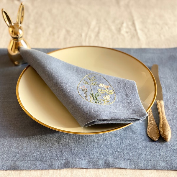 Grey blue linen cloth napkin with Easter motive embroidery, Reusable napkins, Easter minimalist table decors, Embroidered linen napkins set