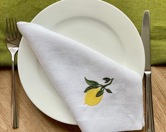 Lot de 2 serviettes de table en lin blanches avec broderie citron, cadeau de pendaison de crémaillère