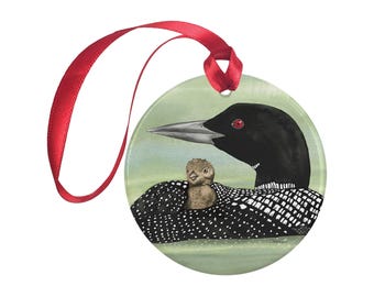 NEW! Loon & Chick Porcelain Ornament- Double-sided - 2 3/4" Round- Lake Holiday - Watercolor Christmas
