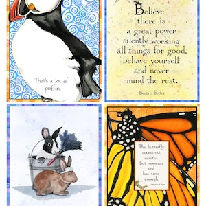 Birthday Bestsellers (Set of 4) -Behave-Beatrix Potter Card-Puffin-Monarch butterfly-Dust Bunnies-Housework-Birthday-Bluebird Card - Believe