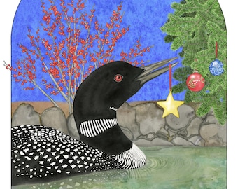 NEW! Shining Star Loon Christmas Card- Single Card or Set of 4, - Watercolor Lake Holiday Greeting
