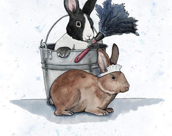Dust Bunnies Blank Card – Single or Set of 4, Funny Housework Rabbit Watercolor Art Greeting