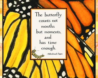 Monarch Butterfly Blank Card - Single or Set of 4, Rabindranath Tagore Greeting, Watercolor Art