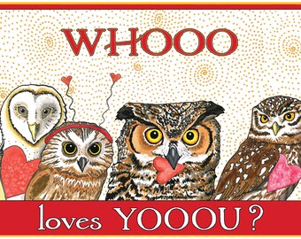 Love Owls Valentine's Day Card – Single or Set of 4, Watercolor Art, Friendship