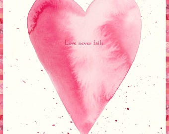 Love Never Fails Pink Valentine's Day Card – Single or Set of 4, Watercolor Art, Love Greeting