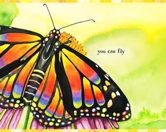 You Can Fly Monarch Blank Card - Single or Set of 4, Rainbow Butterfly Watercolor Greeting