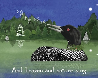 Loon and Chick Christmas Card- Single, Set of 4, or Boxed Set of 8 - Heaven & Nature Sing, Watercolor Art - Lake Holiday
