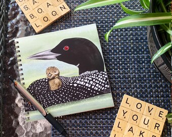 Loon and Chick 6" x 6" Watercolor Art Lined Spiral Notebook