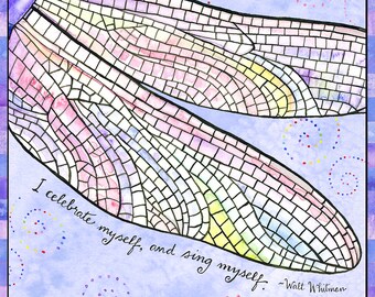 Dragonfly Blank Watercolor Card -Single or Set of 4, Walt Whitman Inspirational Greeting