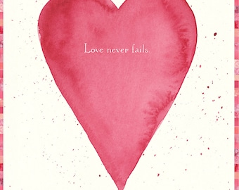 Love Never Fails Red Valentine's Day Card – Single or Set of 4, Watercolor Art, Love Greeting