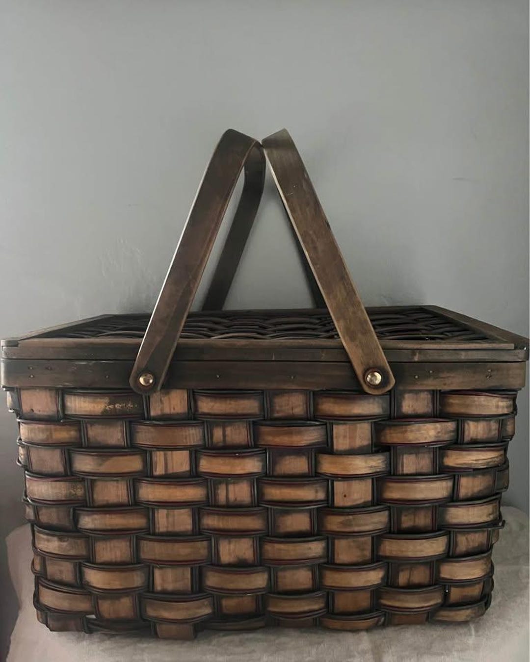 Pinic Hinge Vintage Woven Wood Picnic Basket Large - Hinge Lid - Etsy