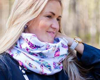 Infinity scarf Woman scarf Feather scarf Feather circle scarf Feather Loop scarf Colourful scarf Neck warmer