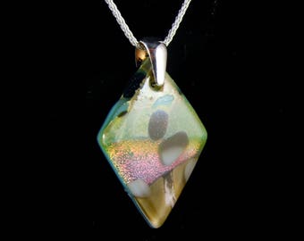 Colorful green sparkly dichroic art glass pendant