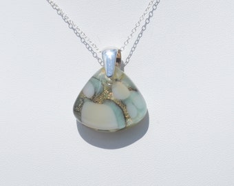 Dainty ethereal pendant necklace for women with twinkly light blue fused glass and gold dichroic glass | Glass pendant for her