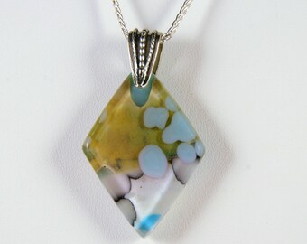 Blue diamond shaped fused glass pendant with Sterling silver bail