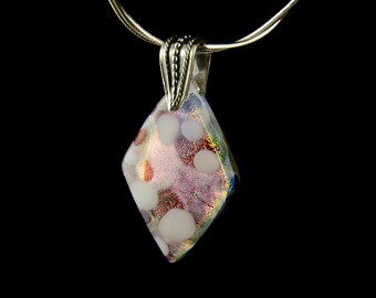 Iridescent shimmering pink dichroic glass pendant with sterling silver necklace