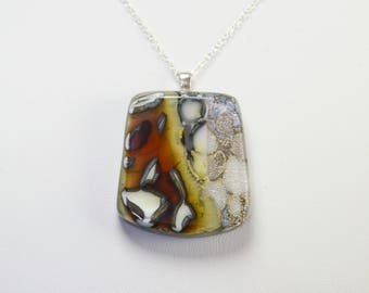 Sparkling pink and caramel swirled dichroic fused glass pendant with sterling silver bail - ready to ship