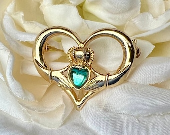 Vintage Avon Gold Tone and Green Claddagh Brooch