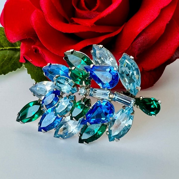 Mid-Century Rhinestone Leaf Brooch in Shades of Blue and Green