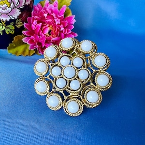 Vintage Stella and Dot White Milk Glass Cabochon Brooch and Pendant Combination