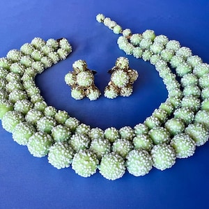 Vintage Vogue Green Glass Beaded Choker Necklace and Earrings Set