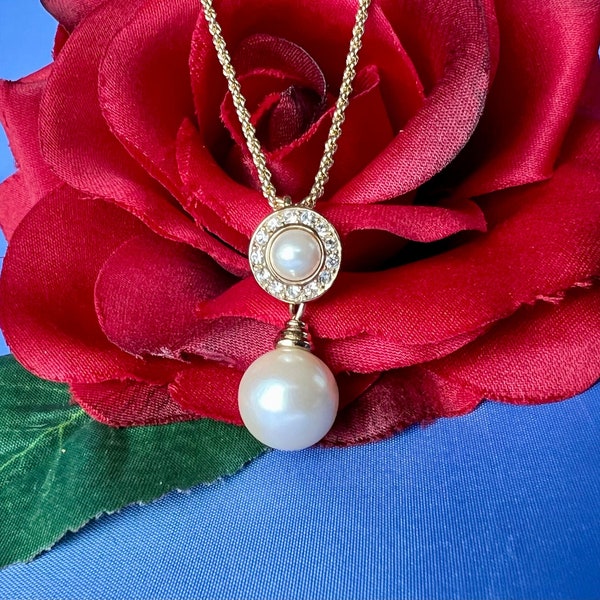 Christian Dior Vintage Signed Glass Pearl and Rhinestone Adjustable Pendant Necklace