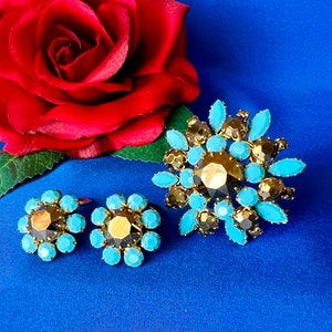 Vintage Österreichische Kristall Brosche und Ohrringe: Blau Gold Floral Demi Parure