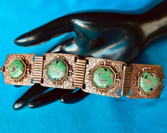 Vintage Confetti Lucite Link Bracelet, Copper Tone Floral Design