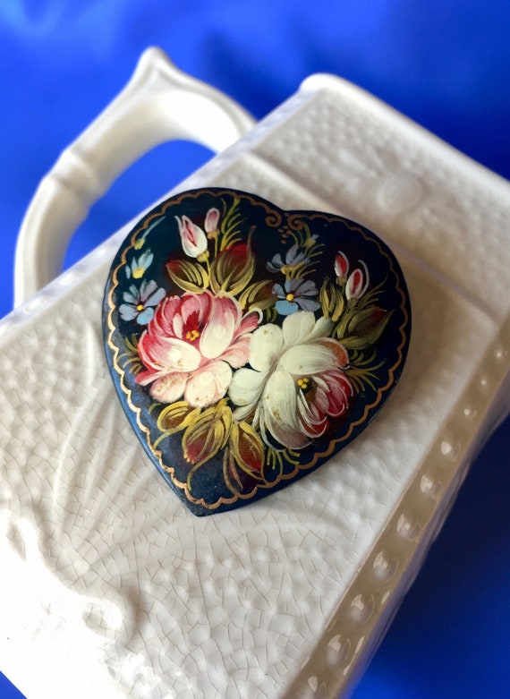 Vintage Russian Heart Shaped Hand Painted Lacquer