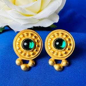 Vintage Green and Gold Tone Gripoix Style Clip Earrings