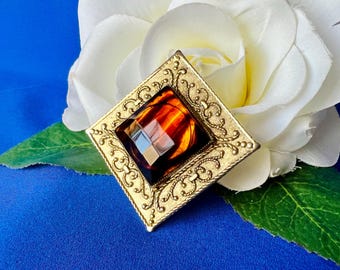 Vintage Freirich Gold Tone and Topaz Glass Brooch