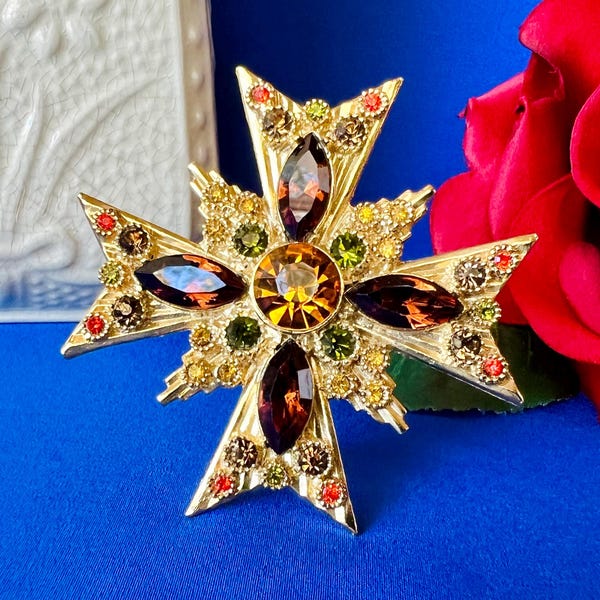 Sphinx Große Vintage Malteserkreuz Strass Brosche Unsigniert Modell 9229
