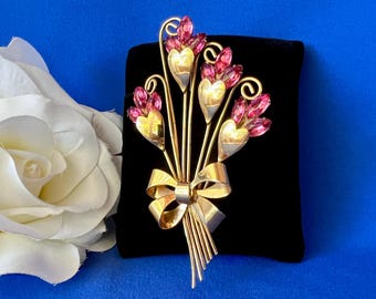 Vintage Gold Vermeil on Sterling Silver Pink Rhinestone Flower Bouquet Brooch