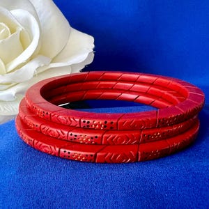 Set of 3 Vintage Red Chinese Cinnabar Style Carved Bangle Bracelets