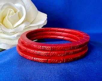 Set of 3 Vintage Red Chinese Cinnabar Style Carved Bangle Bracelets