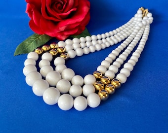 Vintage Monet Multi-Strand White and Gold Beaded Necklace