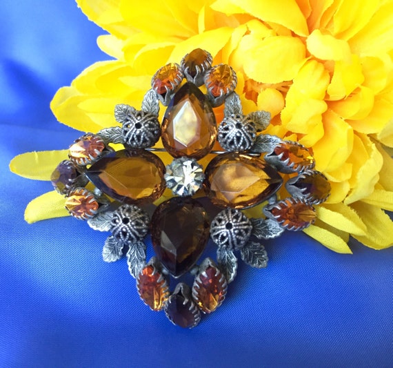Vintage Signed Joan Rivers Topaz and Amber Rhinest