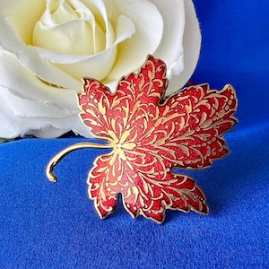 May include: A red and gold maple leaf brooch with intricate detailing. The brooch is set against a blue background with a white rose in the upper left corner. The leaf design features a gold filigree pattern.