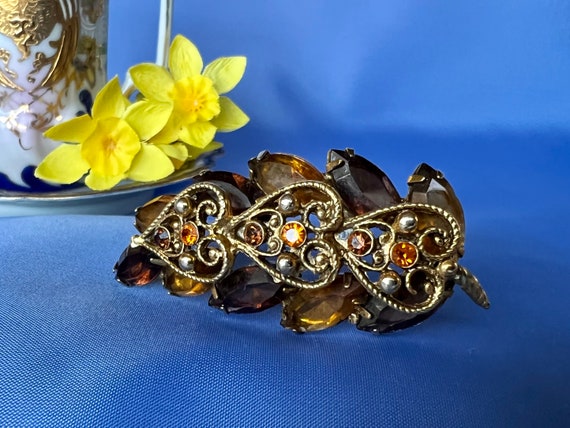 Vintage Topaz and Yellow Rhinestone Hearts Brooch… - image 9