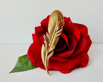 Vintage Christian Dior 4" Gold Tone and Rhinestone Feather Brooch