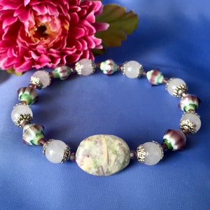 Gemstone Stretch Bracelet: Amethyst Glass & Quartzite Beaded Jewelry