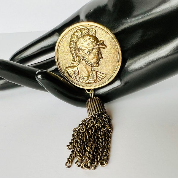 Sarah Coventry Vintage Signed Centurion Faux Coin Brooch and Pendant Combination, 1975 Sarah Coventry Centurion Brooch with Chain Tassel