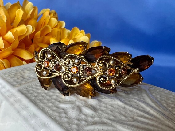 Vintage Topaz and Yellow Rhinestone Hearts Brooch… - image 2