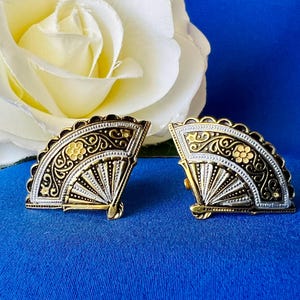 Vintage Spanish Damascene Fan Design Earrings