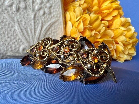 Vintage Topaz and Yellow Rhinestone Hearts Brooch… - image 1