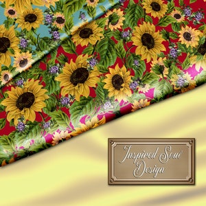 May include: A red background with a pattern of sunflowers and green leaves. The fabric is folded over a yellow surface with a gold plaque that reads "Inspired Soul Design".