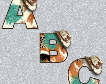Western Cowhide, Leopard & Glitter Full Set of 26 Alphabet Monogram Letters - PNG Overlays